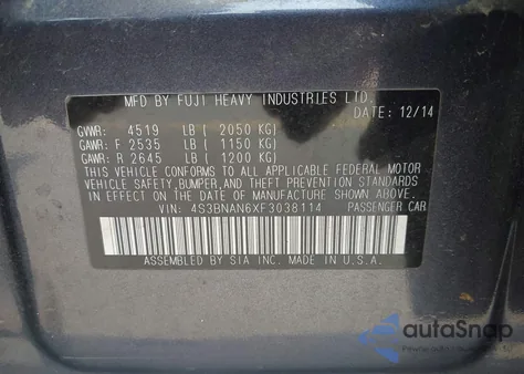 2015 Subaru Legacy 2.5I Limited z USA, uszkodzony, nr VIN 4S3BNAN6XF3038114